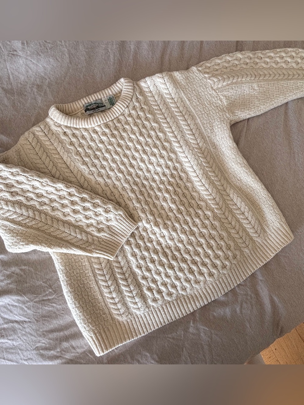 Aran Crafts 100% Merino Wool Cream Cable Crewneck Sweater